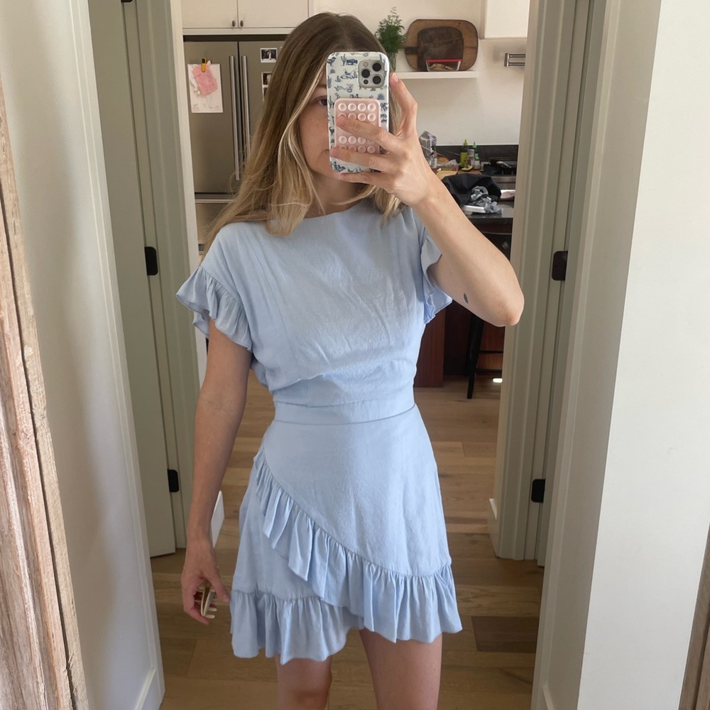 AQUA Wrap Style Sundress Powder Blue Short Sleeves Ruffles Small